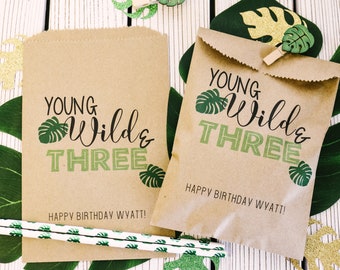 10  Wild Birthday Party Favor Bags | Treat Bags for Safari Jungle Party | Young Wild and Three Birthday Party Favors and Stickers