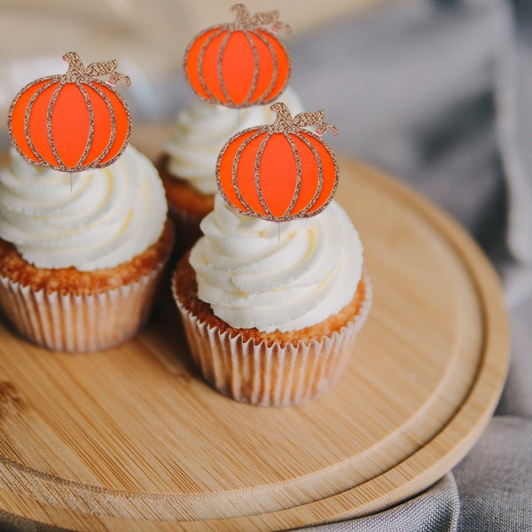 Pumpkin cupcake toppers for party decoration - Little pumpkin party decorations - Pumpkin birthday party cupcake toppers