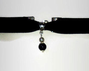 Black velvet choker with a black or purple bead drop pendant gothic goth