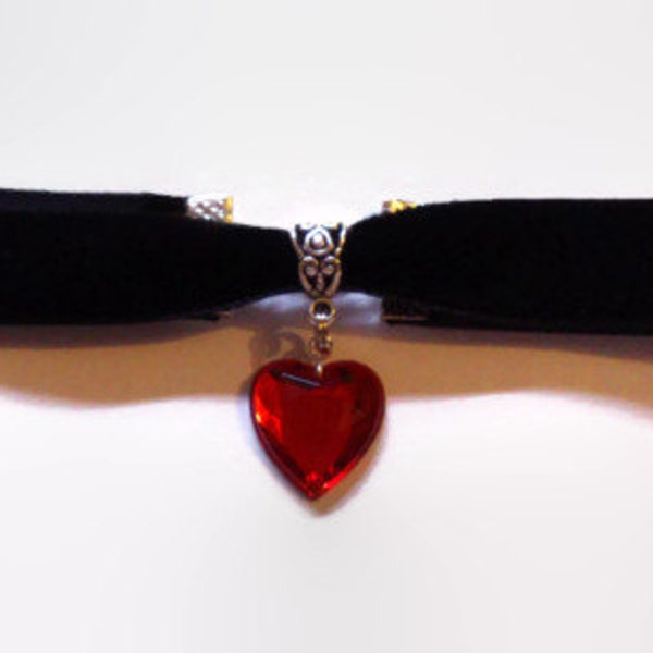 BLACK VELVET CHOKER necklace with a red heart charm pendant gothic rockabilly