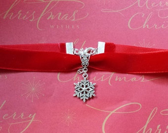 Red velvet choker necklace with silver coloured snowflake pendant gothic goth Christmas