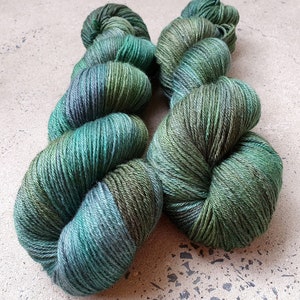 Hand dyed ‘Dangerous Verdant’ 50/50  non superwash merino/silk fingering weight yarn