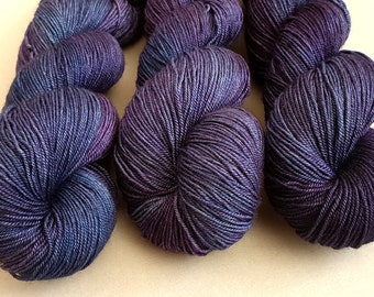 Hand dyed ‘Byzantium’ superwash merino/silk/yak fingering weight yarn