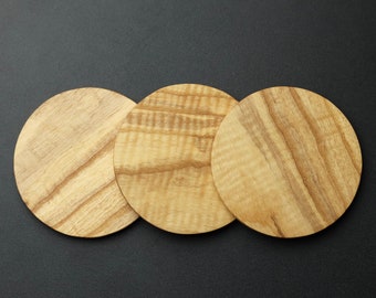 3 Coasters - Salvaged Curly Ash Wooden Round Coaster Set (with Cork)