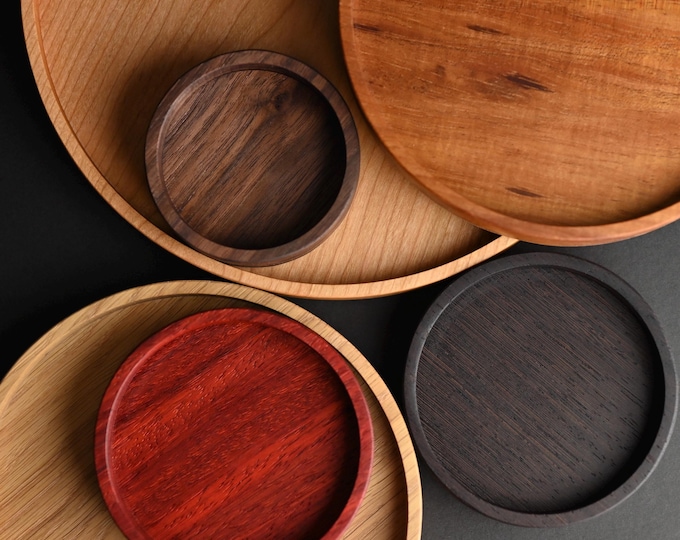 One Round Wood Tray: Cherry, Koa, Padauk, Walnut, Wenge, Oak - Text or Logo Engraving Available