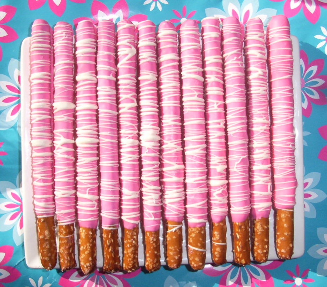 Gourmet Chocolate Covered Pretzel Rods With Pink With White Etsy