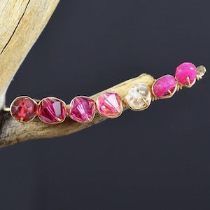Ombre Ruby Garnet gemstone ear crawlers, Crystal prisms 14k Gold Filled Sterling Silver climbers hot pink ear pin cuff sweep vine