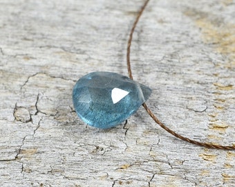 Floating Moss Aquamarine necklace, Silkon thread March birthstone barely there dainty knotted steel blue gemstone vegan daughter gift