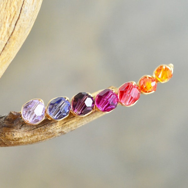 Sunset inspired Ombre Crystal prisms ear climbers 14k Gold Filled Sterling Silver ear crawlers pin vine sweep purple pink orange earrings