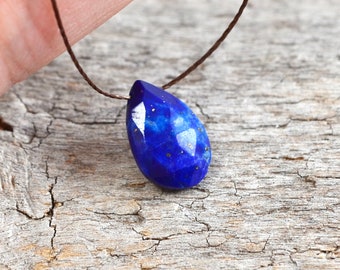 Floating Lapis Lazuli necklace, Silkon gem thread barely there dainty navy blue September gemstone pendant hand knotted jewelry vegan gift