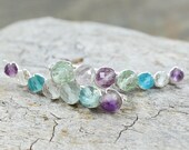 Rainbow Fluorite gemstone ear climbers, 14k Gold Filled Sterling Silver Ear crawlers pin vine sweep pastel Easter colors aqua purple mint