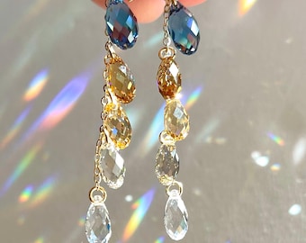 Champagne & Denim ~ Luxe Wasserfall Ohrringe mit Kristallprismen, Sterling Silber 14k Gold-gefüllt, lange fließende Kaskade neutrales Geschäft lässig