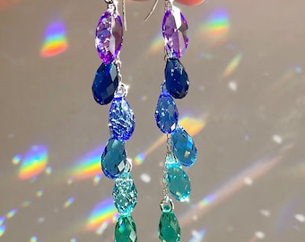 Kolczyki Syrena Pieśń~ Luksusowe Ombré Wodospad z rzadkimi kryształami, srebrem próby 925 lub 14-karatowym złotem, kolorowe, turkusowo-niebieskie, fioletowe, kaskadowe, syrena