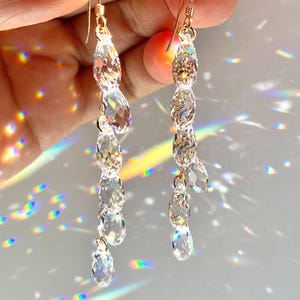 Crystal Clear Waterfall earrings with Luxe Crystal Prisms, Sterling Silver 14k Gold-Filled, long flowy cascade bridal earring neutral color