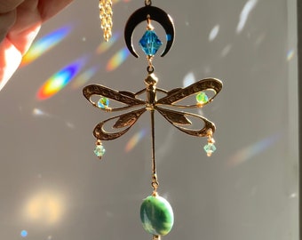 Dragonfly African Jade rearview mirror car charm, Green Gemstone Crystal prism boho decor with celestial moon and teal blue
