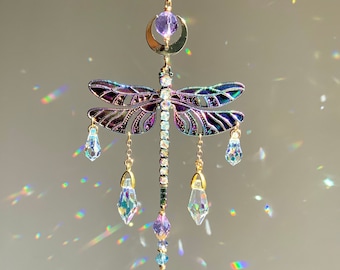 Twilight~ Dragonfly Crystal Ball Suncatcher for Window Hanging Decor, Celestial Rainbow Maker Prism Strand style Purple Blue Memorial Gift