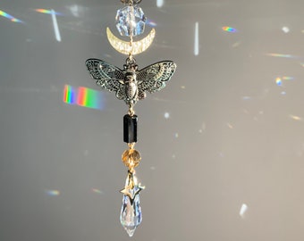 Black Tourmaline Death’s Head Moth Car Charm, Crystal Witchy Celestial rearview mirror hanger gemstone protection Moon star prism suncatcher