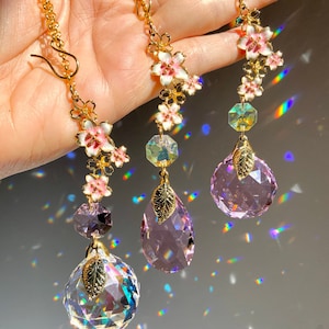 Kirschblüte Auto Anhänger, 18k vergoldet Sakura Blumen rosa Kristall Prisma Suncatcher Rückspiegel Accessoire Kirschblüte Festival