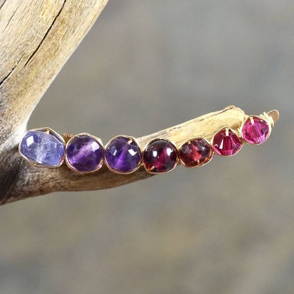 Sunset inspired Ombre Tanzanite Amethyst Garnet Crystal Prism ear climbers, 14k Gold Filled gemstone ear crawlers pin cuff