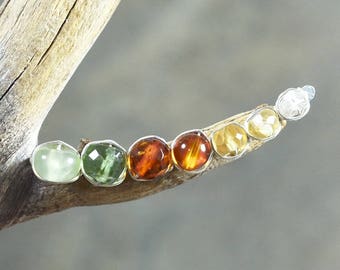 Ombre gradient Baltic Amber gemstone ear climbers, Argentium Silver Apatite Citrine Zircon crawlers pin cuff sweep vine, earthy colors
