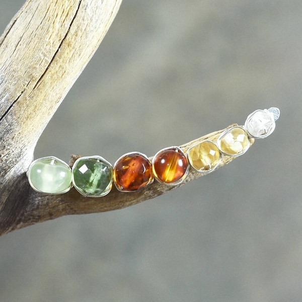 Ombre gradient Baltic Amber gemstone ear climbers, Argentium Silver Apatite Citrine Zircon crawlers pin cuff sweep vine, earthy colors