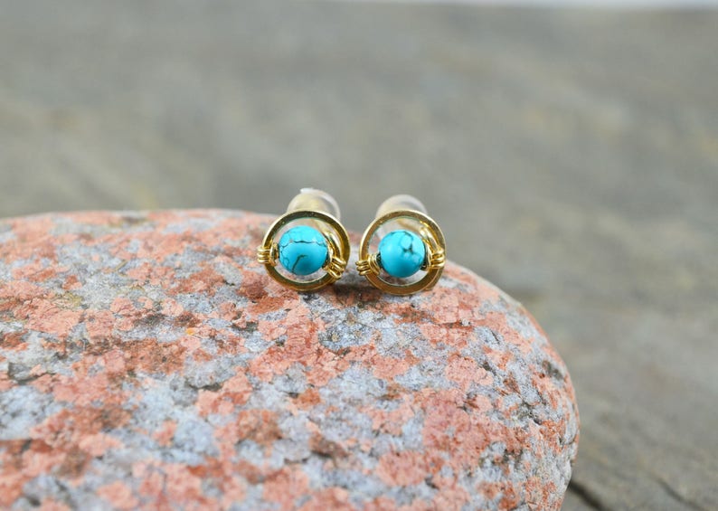 Tiny Turquoise studs wire wrapped post 14k Gold Rose Gold Filled Sterling Silver handmade spiral December birthstone gemstone stud earrings image 1