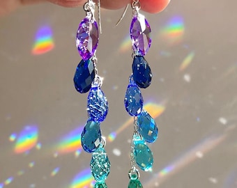 Siren Song ~ Luxe Ombré Wasserfall Ohrringe mit seltenen Kristallen, Sterling Silber oder 14k Gold-gefüllter aqua blau lila Meerjungfrau Kaskade