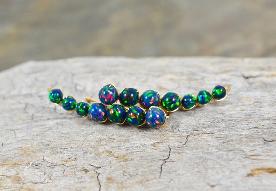 Black Opal Ear Climber earrings 14k Gold Filled or Sterling Silver gemstone tiny ear crawler October birthstone blue Opal