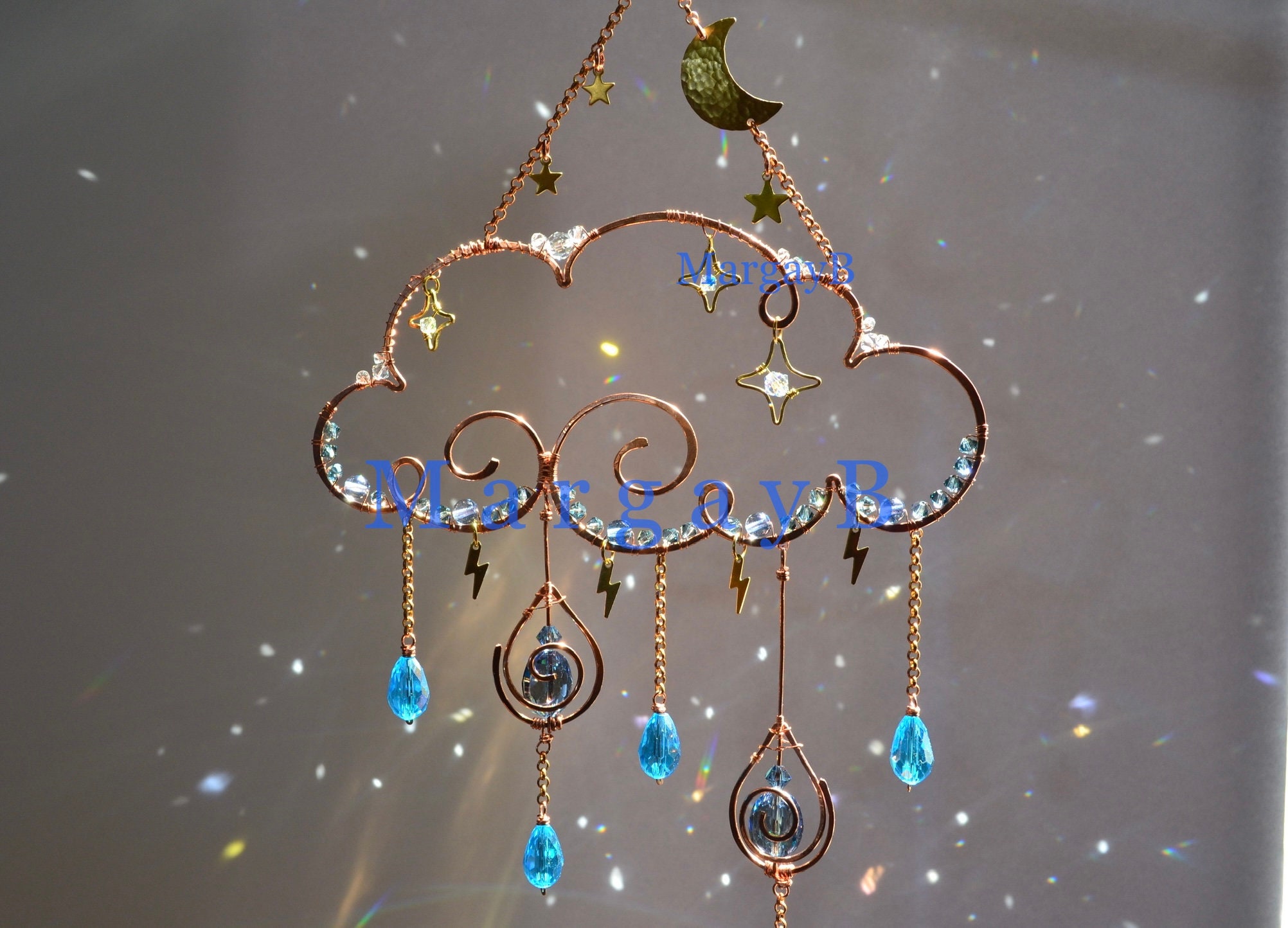 Moon Stars Rain Cloud Sun Catcher Raindrops Lightning Boho - Etsy