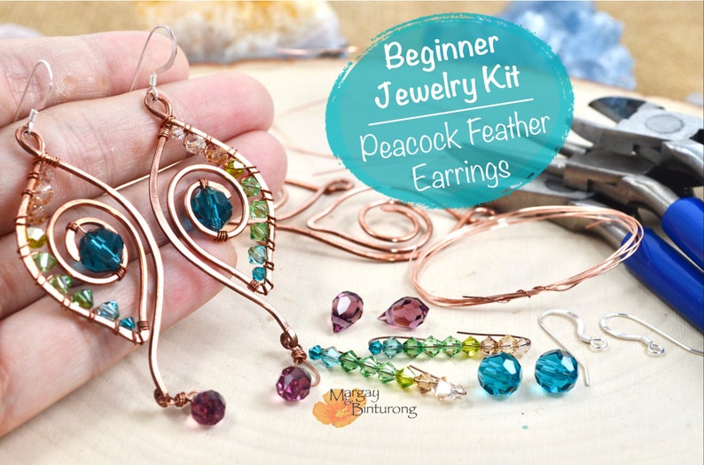 DIY Jewelry craft kit for adults Peacock Feather earrings image 0