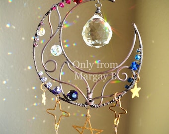 Sun Moon Stars Mini Crystal Suncatcher, witchy decor art sun catcher wall hanging pentagram ornament dark gothic rainbow maker prism ball