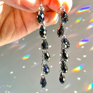 Black Nebula ~ Luxe Waterfall earrings with Crystal Prisms, Sterling Silver 14k Gold-Filled, long flowy cascade dark neutral color