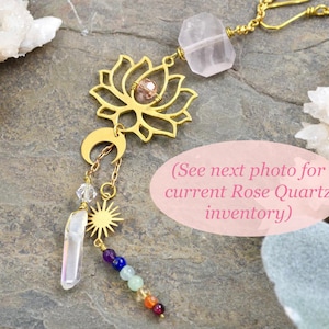 Lotus Chakra rearview mirror car charm, Sun Moon Rose Quartz Aura Quartz point car Crystal gemstone decoration, rainbow car jewelry
