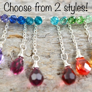 Asymmetrical Rainbow Ombre dangly ear climbers, 14k Gold Filled Sterling Silver Crystal prisms ear crawlers pin sweep indigo violet teal