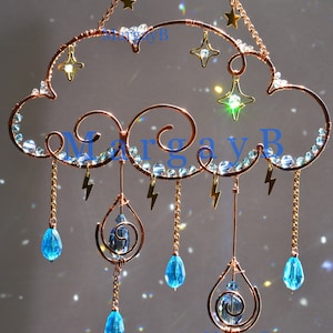 Moon Stars Rain Cloud Sun catcher, raindrops lightning boho witchy room decor Crystal gift lightcatcher wallhanging decoration rainbow maker