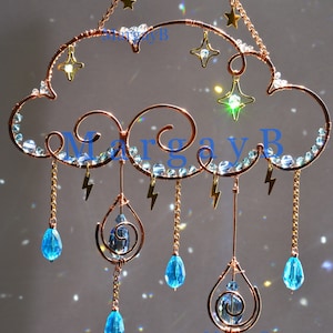 Moon Stars Rain Cloud Sun catcher, raindrops lightning boho witchy room decor Crystal light catcher wall hanging decoration rainbow maker