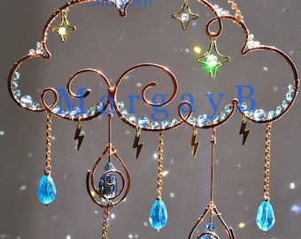 Moon Stars Rain Cloud Sun catcher, raindrops lightning boho witchy room decor Crystal light catcher wall hanging decoration rainbow maker