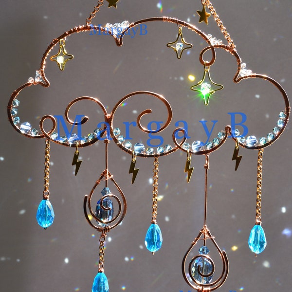 Moon Stars Rain Cloud Sun catcher, raindrops lightning boho witchy room decor Crystal light catcher wall hanging decoration rainbow maker