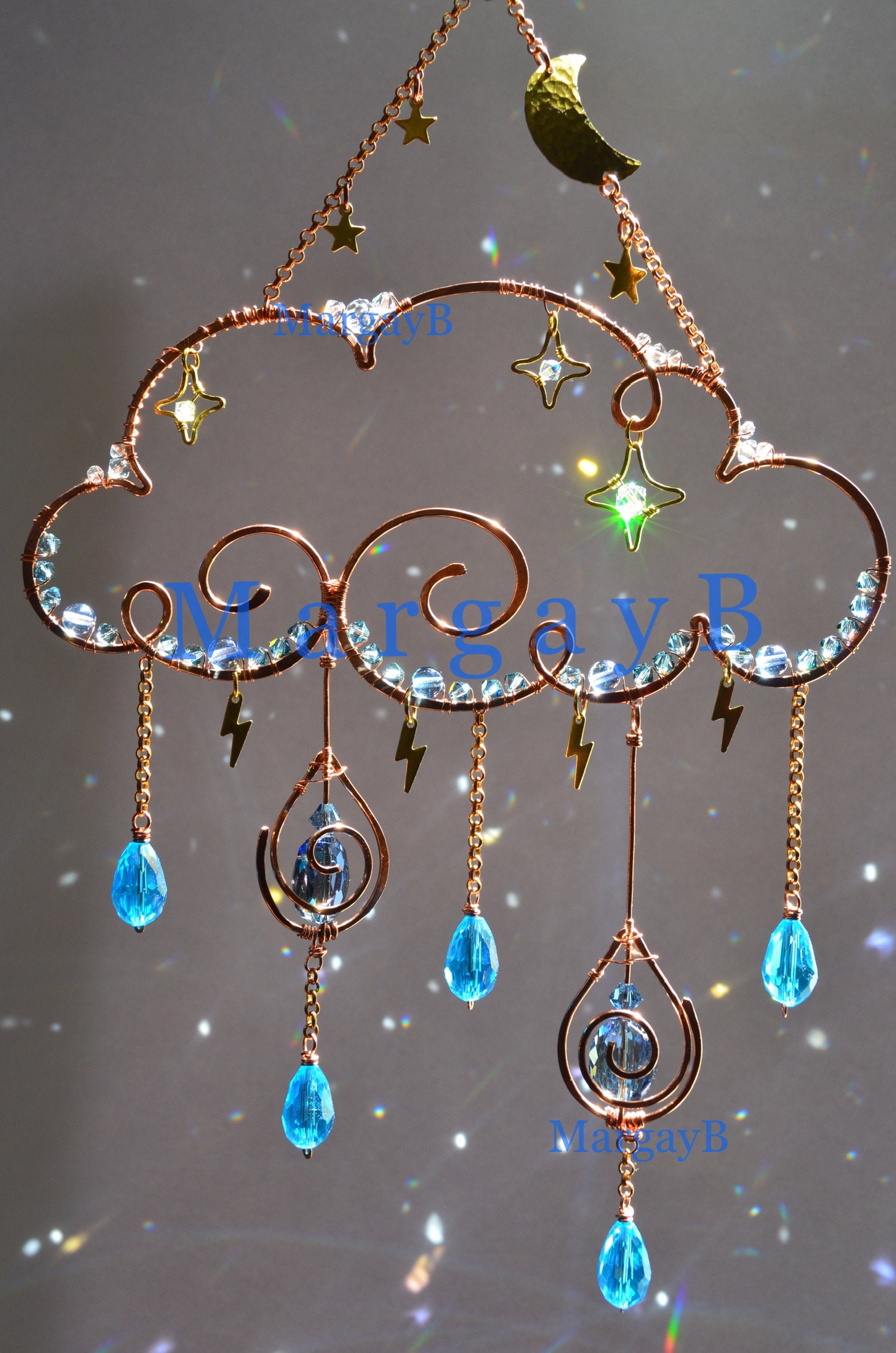 Moon Stars Rain Cloud Sun catcher, raindrops lightning boho witchy ro…
