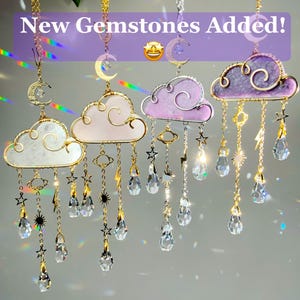 Gemstone Rain Cloud Car Charm Suncatcher, Rose Clear Quartz Pink Opalite Amethyst 18k Gold-Plated Sun Moon Star Crystal Prism mirror hanger