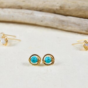 Tiny Turquoise studs wire wrapped post 14k Gold Rose Gold Filled Sterling Silver handmade spiral December birthstone gemstone stud earrings image 2