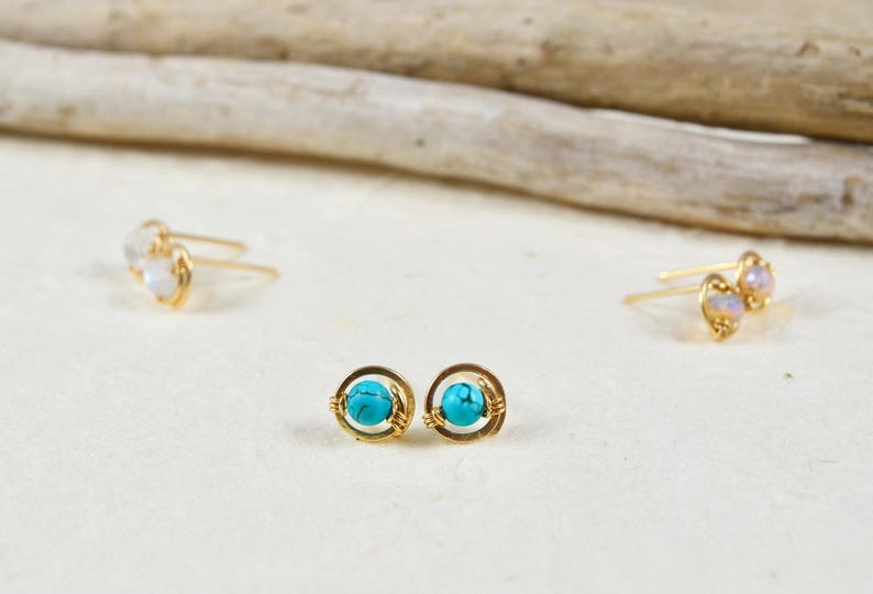 Tiny Turquoise studs wire wrapped post 14k Gold Rose Gold Filled Sterling Silver handmade spiral December birthstone gemstone stud earrings image 2