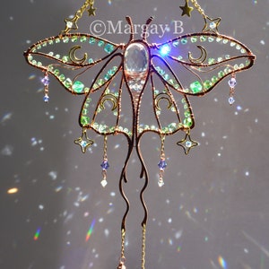 Luna Moth suncatcher, boho witchy room decor Moon Stars Aura Quartz Crystal fairy sun light catcher wall hanging rainbow maker Butterfly