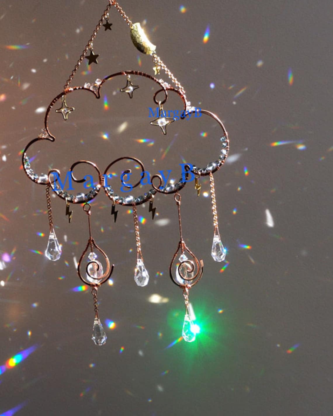 Moon Stars Rain Cloud Sun Catcher Raindrops Lightning Boho - Etsy