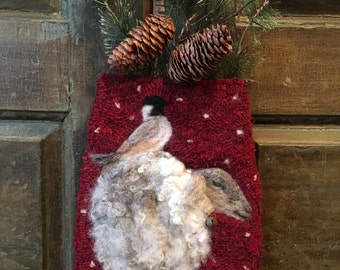 PATTERN: Sheep with Bird hanging pocket rug hooking pattern