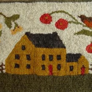 May include: A hand-stitched wool rug depicting a yellow house with a red door, a tree with yellow birds, and a red bird perched on a branch with red flowers.