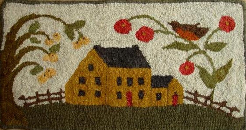 May include: A hand-stitched wool rug depicting a yellow house with a red door, a tree with yellow birds, and a red bird perched on a branch with red flowers.