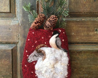 Ram with Bird hanging pocket rug hooking pattern