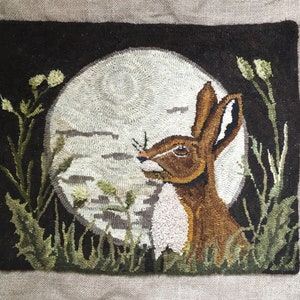 May include: A brown rabbit with white fur on its chest is looking to the right. The rabbit is in front of a large, white, textured moon. The background is dark brown with green plants.
