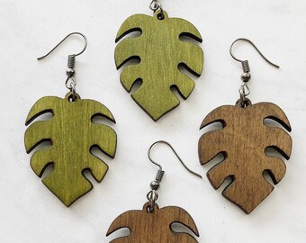 Boucles d'oreilles Wood Monstera - Boucles d'oreilles Leaf Dangle, Boucles d'oreilles Déclaration, Bijoux Boho, Bijoux Déclaration, Bijoux en bois découpé au laser